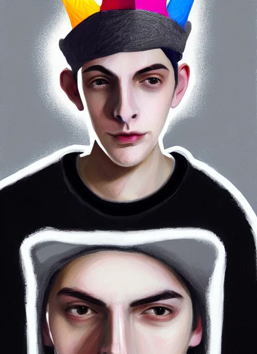 Image similar to portrait of teenage jughead jones wearing a light grey crown, photorealistic, crown, sweater with letter s on it, hamburger, eyes closed, crown, black hair, intricate, elegant, glowing lights, highly detailed, digital painting, artstation, concept art, smooth, sharp focus, illustration, art by wlop, mars ravelo and greg rutkowski