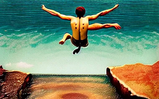 Image similar to a cliff jumping into waters that are a portal to a different dimension, film still by Wes Anderson