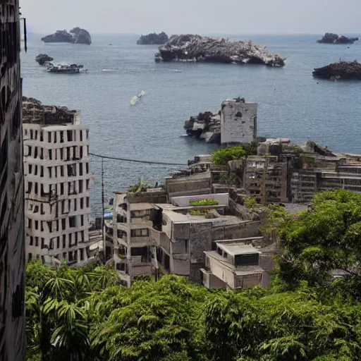 Prompt: View through the streets and upwards of Hashima gradually returning to nature