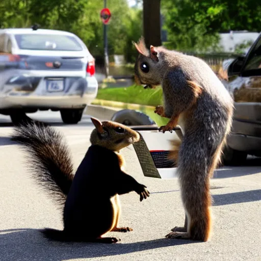 Image similar to a dog-cop ticketing a squirrel with a fine for speeding