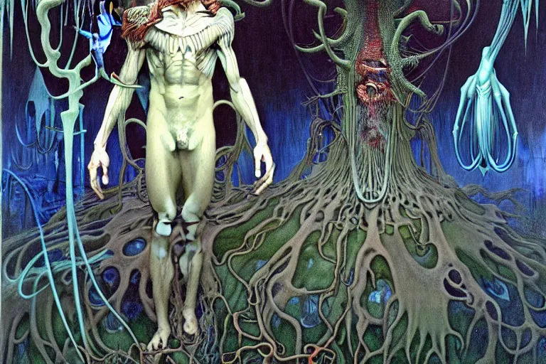 Image similar to realistic extremely detailed portrait painting of an elegantly creepy vampire man dressed as dracula, futuristic sci-fi forest on background by Jean Delville, Amano, Yves Tanguy, Alphonse Mucha, Ernst Haeckel, Edward Robert Hughes, Roger Dean, rich moody colours, blue eyes