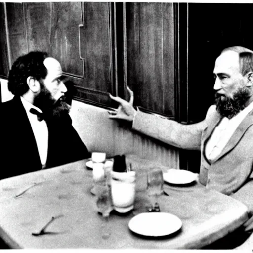 Prompt: karl marx and vladimir putin discussing capitalism, photo 1960, restaurant background