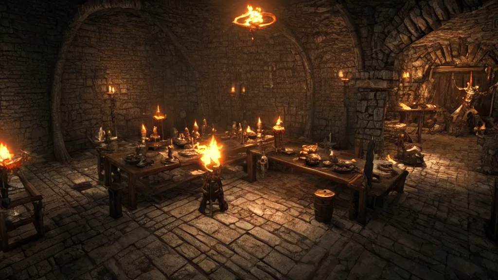 Prompt: delicious torch lit prison dungeon jail cell alchemist light magic barbarian skulls scattered around atmospheric unreal engine hyperreallistic render 8k character concept art masterpiece screenshot from the video game the Elder Scrolls V: Skyrim moody orange 2700K global illumination