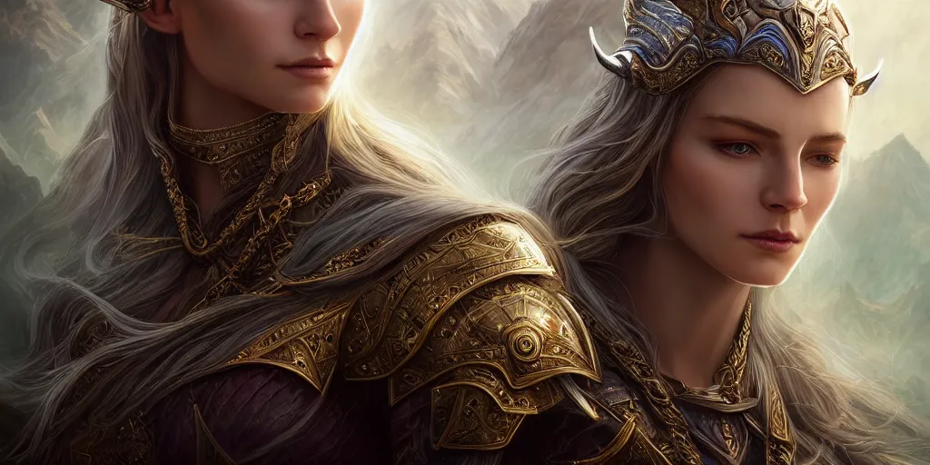 Image similar to Majestic and regal portrait of a riveting and awe inspiring female High Elf nobility, fantasy mountainous background, intricate, epic, elegant, menacing, fantasy, photo realistic, digital painting, hard focus, beautiful volumetric lighting, epic light, ultra detailed, by Leesha Hannigan, Ross Tran, Thierry Doizon, Kai Carpenter, Ignacio Fernández Ríos