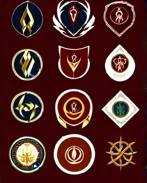 Prompt: several emblems with an elemental design are in a red velvet lined case.