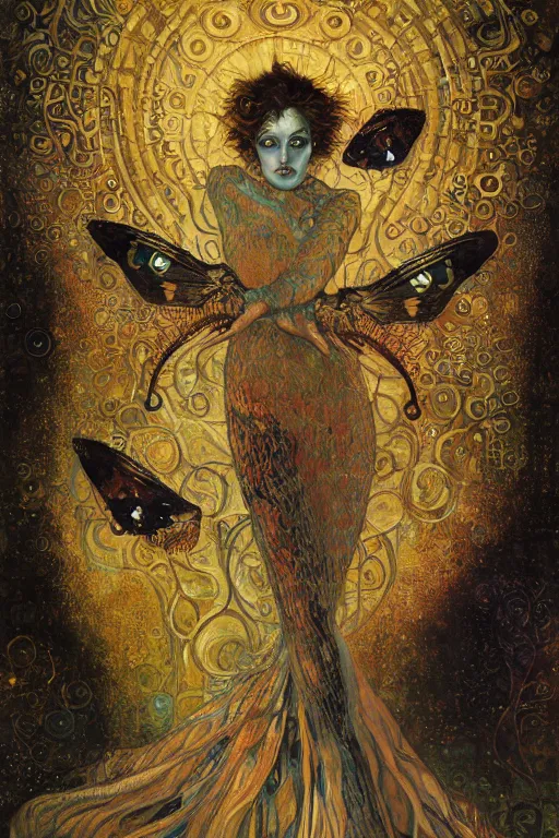 Image similar to Metamorphosis by Karol Bak, Jean Deville, Gustav Klimt, and Vincent Van Gogh, transformation portrait, chimera, visionary, cicada wings, otherworldly, fractal structures, ornate gilded medieval icon, third eye, dynamic, hybrid, fusion, change, spirals