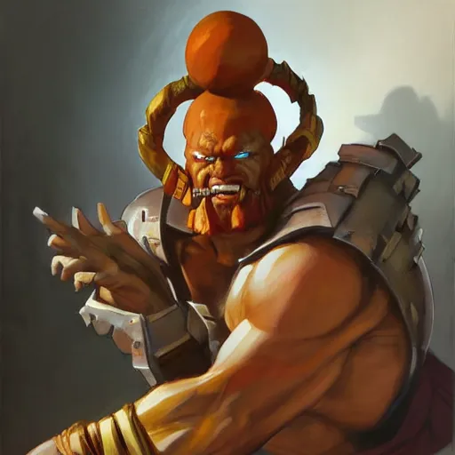 Image similar to greg manchess portrait painting of partially armored dhalsim from street fighter as overwatch character, medium shot, asymmetrical, profile picture, organic painting, sunny day, matte painting, bold shapes, hard edges, street art, trending on artstation, by huang guangjian and gil elvgren and gerald brom