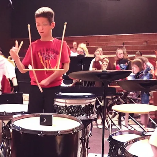 Prompt: the coolest kid in middleschool performing a super drum solo at the talent show