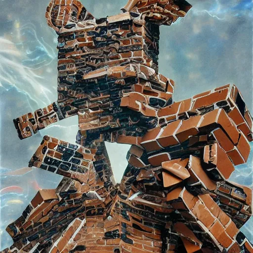 Image similar to an brick elemental, whirling energy made of bricks, dramatic, cinematic, by simon bisley