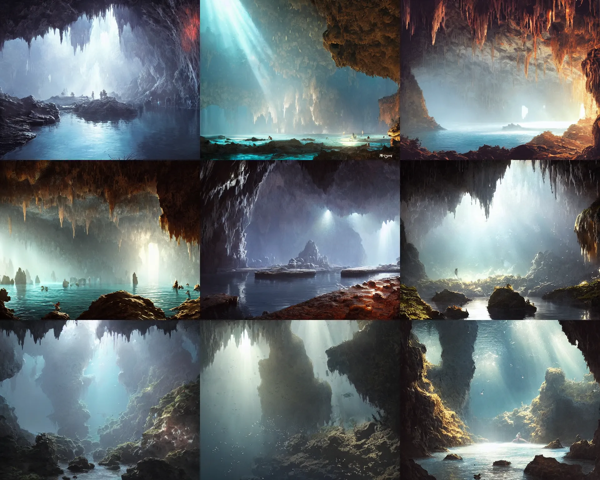 Prompt: beautiful huge cave with swarms of flies, insects, stalactites, stalagmites, underwater glittering river, volumetric light, by greg rutkowski