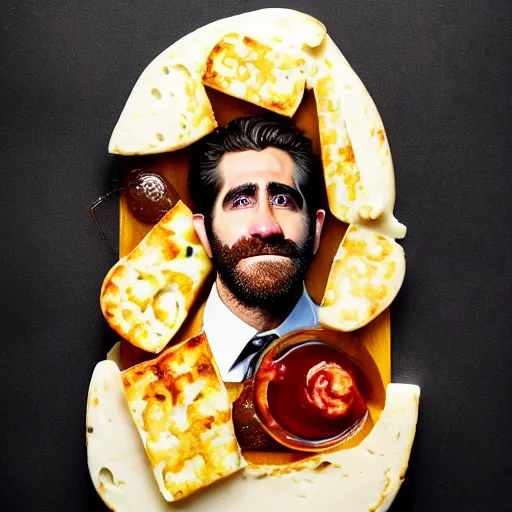 Image similar to food photography of jake gyllenhaal's face fused with halloumi cheese ( ( white halloumi cheese hybrid with jake gyllenhaal face ) ), jake gyllenhaal sentient cheese face fashioned from halloumi, by greg rutkowski