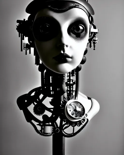 Prompt: black and white dreamy foggy poetic smoky profile face portrait, one silver steampunk realistic eye biomechanical beautiful angelic young female cyclope - cyborg - robot bust, body ribs meshes,, volumetric light, hibiscus flowers, by dora maar, rim light, big gothic fashion pearl embroidered collar, 8 k