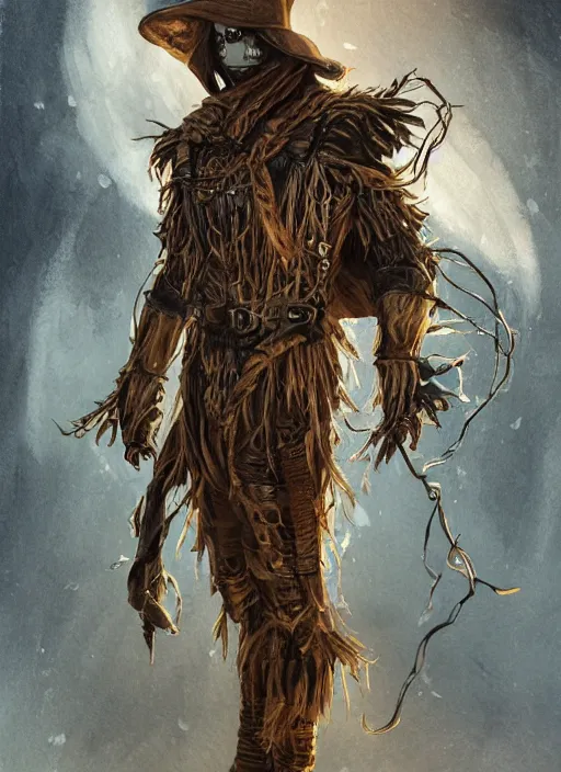 Image similar to powerful male scarecrow, willem dafoe as scarecrow, full body character concept, covered in full leather armor, art nouveau, super powers, fantasy, intricate, elegant, highly detailed, digital painting, artstation, concept art, shining, sharp focus, illustration, art by stanley lau