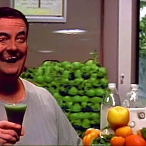 Image similar to 2001 tv still of 'Frank the juice man' promoting juicing machines that will help you live forever