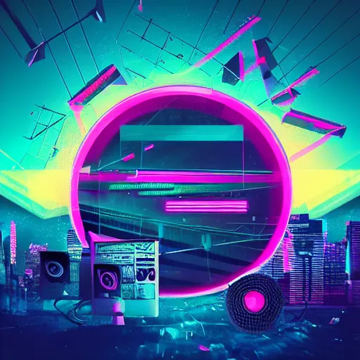 Image similar to debris of broken computer screens, synthwave, retrowave