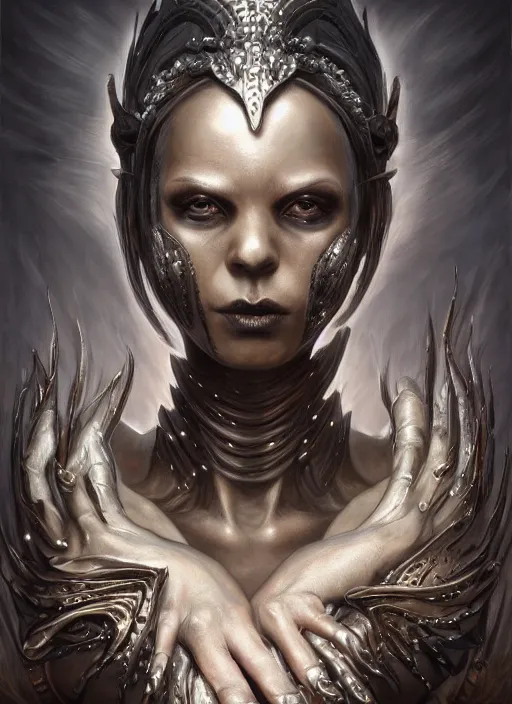 Image similar to full portrait of dancerwarden, black metal shiny skin. intricate, elegant, highly detailed, centered, digital painting, artstation, concept art, smooth, sharp focus, illustration, artgerm, tomasz alen kopera, peter mohrbacher, donato giancola, joseph christian leyendecker, wlop, frank frazetta