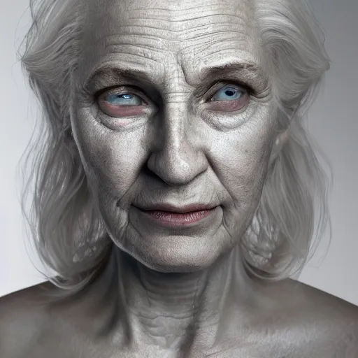 Prompt: cinematic photograph taken by annie leibovitz, hyper detailed, realistic female face and shoulders, white skin made from painted porcelain, white hair, fine facial features, white eyes and eyelashes, 8 k, 1 5 0 ml lens, elegant, white background pastel blue lighting, octane render, volumetric lighting