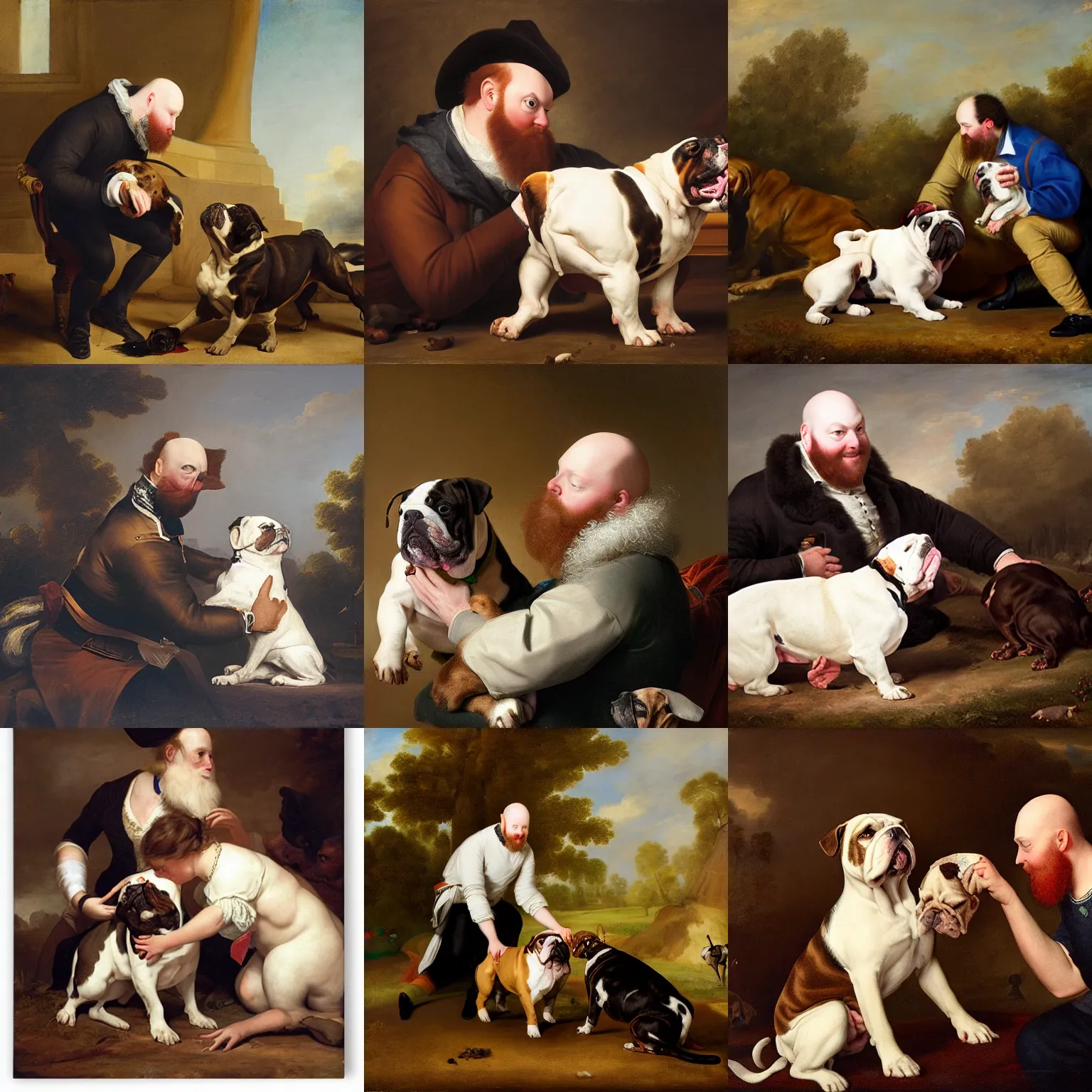 Prompt: playful portrait of angriestpat petting a dark brown english bulldog by joseph ducreux