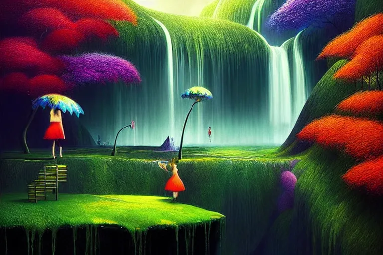 Prompt: surreal glimpse into other universe, waterfall, summer morning, very coherent and colorful high contrast, art by!!!! gediminas pranckevicius!!!! dark shadows, hard lighting