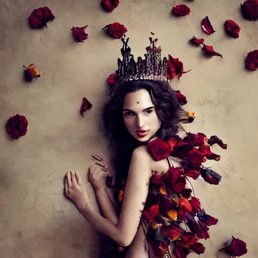 Prompt: full body fine art photo of the beauty gal gadot, she has a crown and a dress made of dried roses done by oleg oprisco