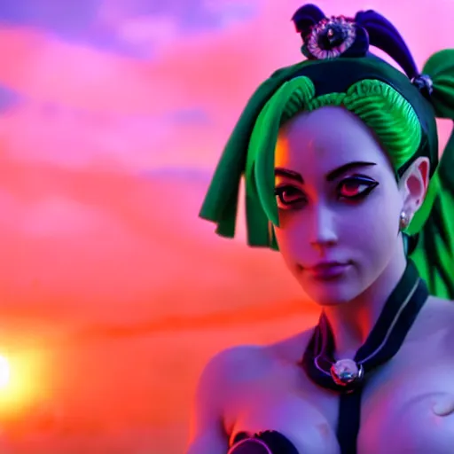 Image similar to cinematic scene with jolyne from jojo's bizarre adventure, live action film, stone ocean, dramatic, small details, volumetric lighting, still frame