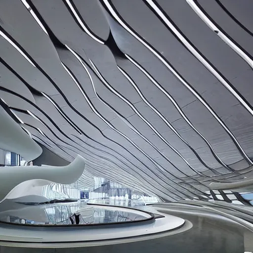 Image similar to stunning beautiful futuristic museum interior by Zaha Hadid, dragonfly wings pattern