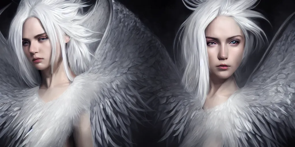 Image similar to portrait of symmetric detailed angel with white hair with detailed white wings flying in black smoke, ultra realistic, epic, highly detailed, hd, sharp focus, cinematic lighting, realistic, vivid colors, gritty, matt painting, digital art, non blurry, sharp, artstation, concept art, smooth, illustration.