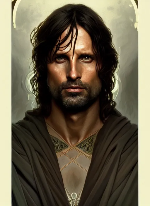 Prompt: symmetry!! portrait of aragorn, intricate, elegant, highly detailed, digital painting, artstation, concept art, smooth, sharp focus, illustration, art by artgerm and greg rutkowski and alphonse mucha