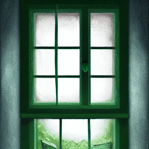 Prompt: cottage window at night seen from inside, green eyes outside the window, creepy, horror, illustration, fantasy horror, artstation, deviantart, 4 k, realistic lighting, unreal engine, night, oil painting, pitch dark outside the window