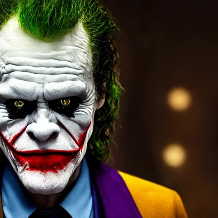 Image similar to willem dafoe as the joker, 8 k, movie still