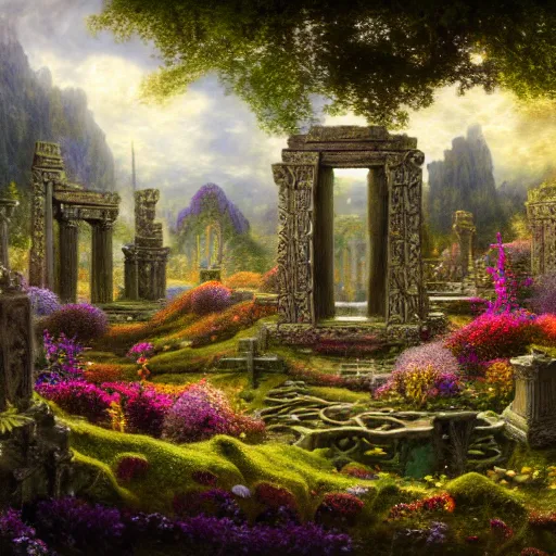 Image similar to a beautiful and highly detailed matte painting of a lost celtic temple in a magical fantasy garden, colorful flowers, psychedelic patterns, epic scale, insanely complex, hyperdetailed, sharp focus, hyperrealism, artstation, cgsociety, 8 k, bright colors, by caspar friedrich, albert bierstadt, james gurney, brian froud,