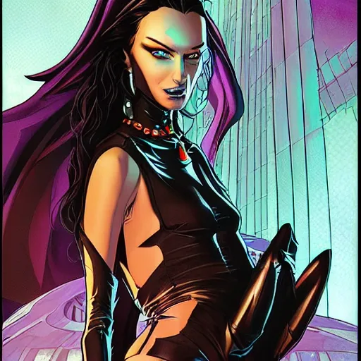 Image similar to Tall beautiful slender female witch with dark hair, futuristic, alien cityscape, symmetrical features, full body, artstation, graphic novel, colourful, 2D matte, art by Stanley Artgerm, and David Rubín, and Mike Mignola, and Laurie Greasley,