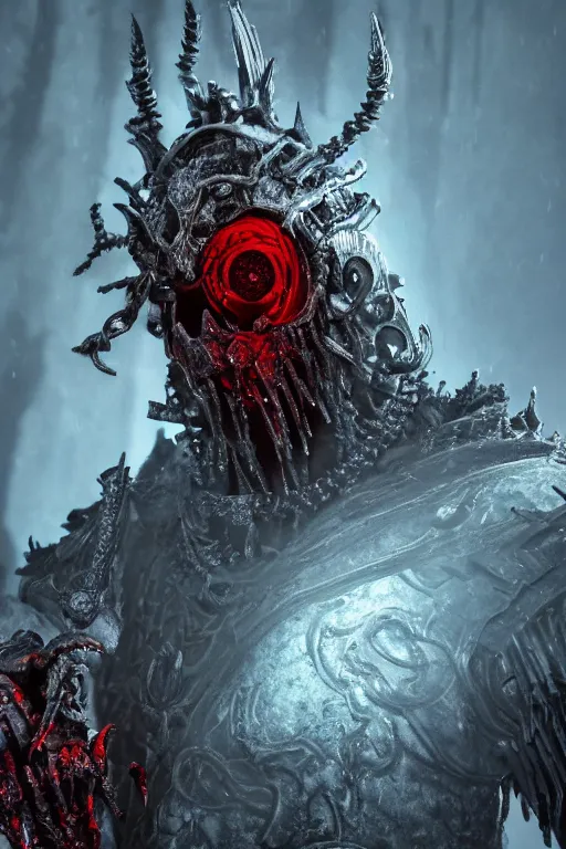 Image similar to a portrait of an ancient lich king, dark fantasy setting, dynamic pose, cobwebs and dust, decay, glowing red eyes, close - up, intricate details, intricately detailed clothing and textures, warm lighting, vivid colors, smoke and mist, realistic octane render, hyper realistic render, volumetric shading, depth of field, raytracing, 8 k,