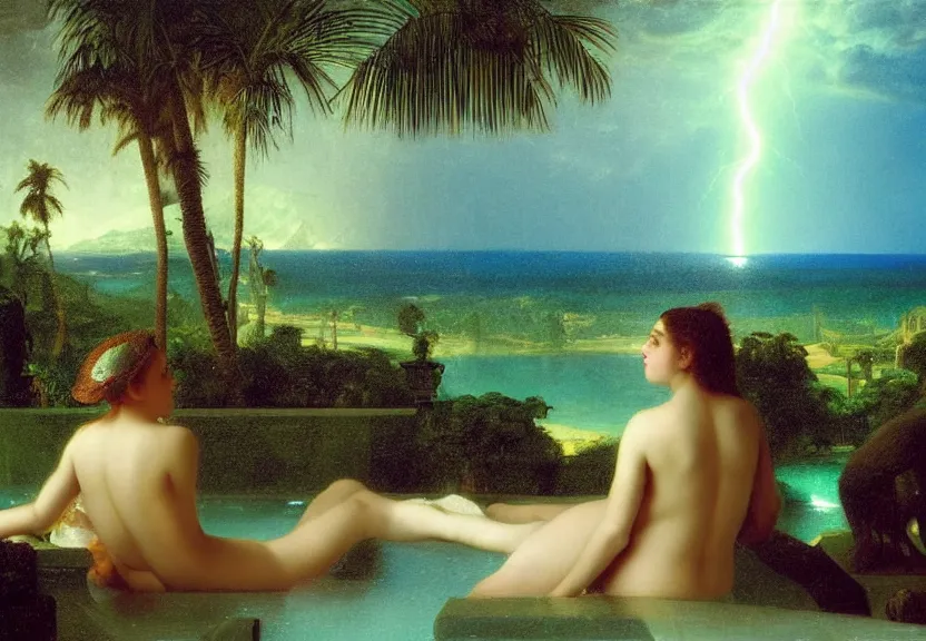 Image similar to Girl at the palace, refracted sparkles, thunderstorm, greek pool, beach and Tropical vegetation on the background major arcana sky, by paul delaroche, hyperrealistic 4k uhd, award-winning, very very very detailed