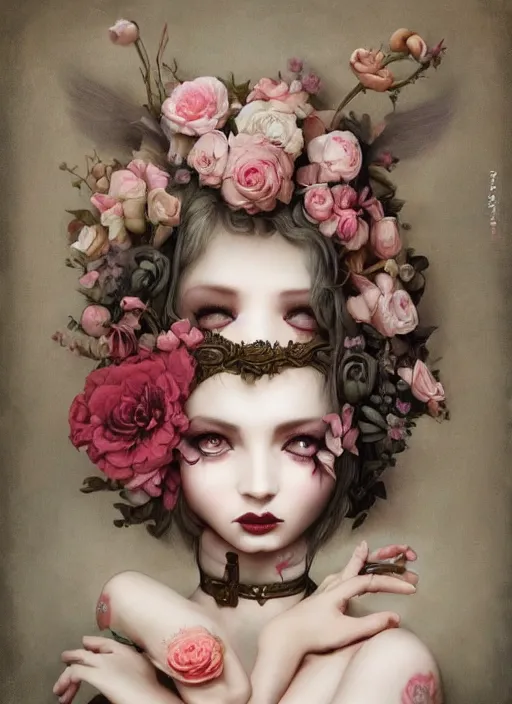 Image similar to pop surrealism, lowbrow art, realistic seductive cute woman painting, body harness, japanese shibari with flowers, hyper realism, muted colours, rococo, natalie shau, loreta lux, tom bagshaw, mark ryden, trevor brown style,
