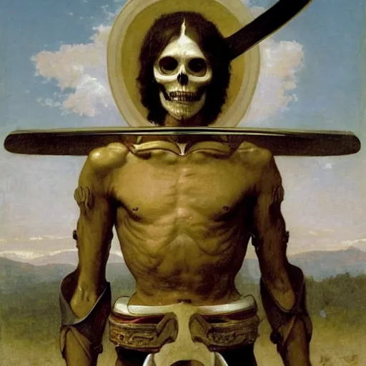 Image similar to portrait of a fully armed skeleton archer with big sword, wearing helmets and armor with wings, symmetrical, solemn, sacred, aura, by bouguereau h 7 6 8