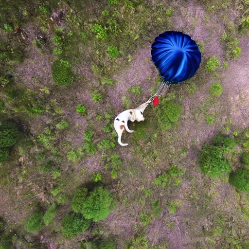 Prompt: a hairy dog attached to a large open balloon parachute jumping from a mountain cliff. captured by a drone. wide camera. epic