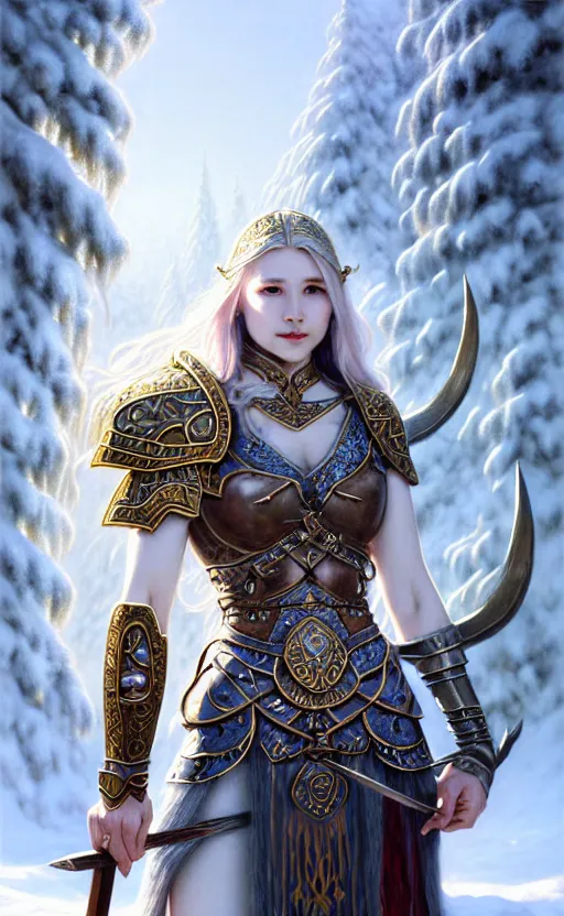 Image similar to opal viking warrior, regal, elegant, winter, snow, beautiful, stunning, hd, illustration, epic, d & d, fantasy, intricate, elegant, highly detailed, wide angle, digital painting, artstation, concept art, smooth, sharp focus, illustration, wallpaper, art by artgerm and greg rutkowski and alphonse mucha and jin xiaodi