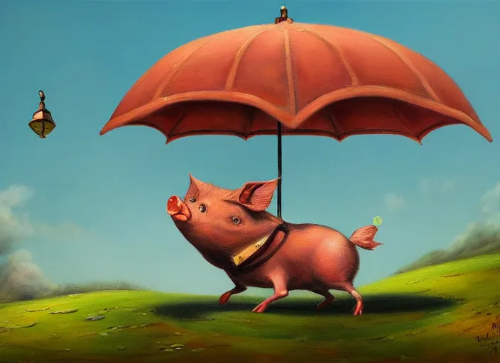 Image similar to detailed oil painting of flying pig with umbrella by marc simonette and alexander jansson, concept art