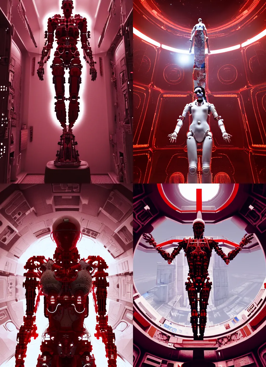 Prompt: , high detailed space station interior, a statue jesus on cross made of red marble, perfect symmetrical body, full body shot, white biomechanical, wearing epic bionic cyborg implants, masterpiece, intricate, biopunk, vogue, highly detailed, artstation, concept art, background galaxy, cyberpunk, octane render
