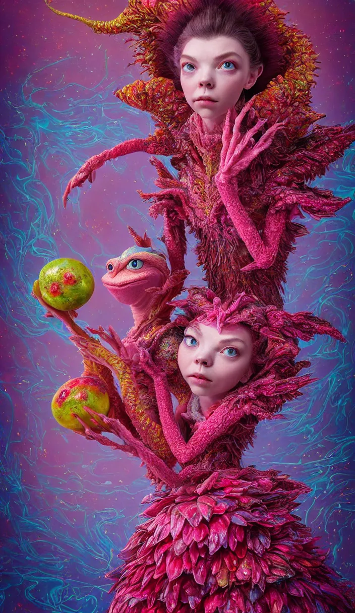 Prompt: hyper detailed 3d render like a Oil painting - kawaii portrait of two Aurora (a beautiful skeksis muppet fae princess protective playful silly from dark crystal that looks like Anya Taylor-Joy) seen red carpet photoshoot in UVIVF posing in scaly dress to Eat of the Strangling network of yellowcake aerochrome and milky Fruit and His delicate Hands hold of gossamer polyp blossoms bring iridescent fungal flowers whose spores black the foolish stars by Jacek Yerka, Ilya Kuvshinov, Mariusz Lewandowski, Houdini algorithmic generative render, Abstract brush strokes, Masterpiece, Edward Hopper and James Gilleard, Zdzislaw Beksinski, Mark Ryden, Wolfgang Lettl, hints of Yayoi Kasuma and Dr. Seuss, octane render, 8k