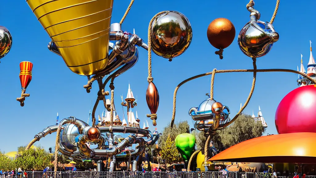 Image similar to large colorful futuristic space age metallic steampunk balloons with pipework and electrical wiring around the outside, and people on rope swings underneath, flying high over the beautiful disneyland in california city landscape, professional photography, 8 0 mm telephoto lens, realistic, detailed, photorealistic, photojournalism