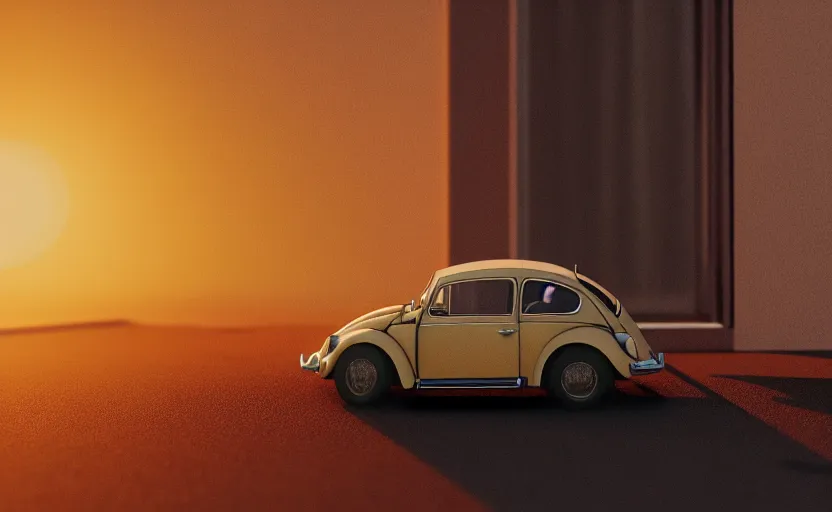 Image similar to a miniature of a VW Beetle on a bookshelf near a window at sunset, DOF, octane render, unreal engine 5, godrays, complementary colors, calm, symmetrical, highly detailed, high quality, 4k, beautiful, hyperrealistic