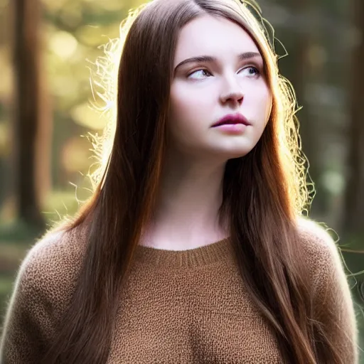 Image similar to real life photo of a beautiful girl, full body photoshoot, long brown hair, brown eyes, full round face, short smile, sweater, forest setting, cinematic lightning, medium shot, mid - shot, highly detailed, trending on artstation, unreal engine 4 k, 8 0 mm, 8 5 mm, cinematic wallpaper