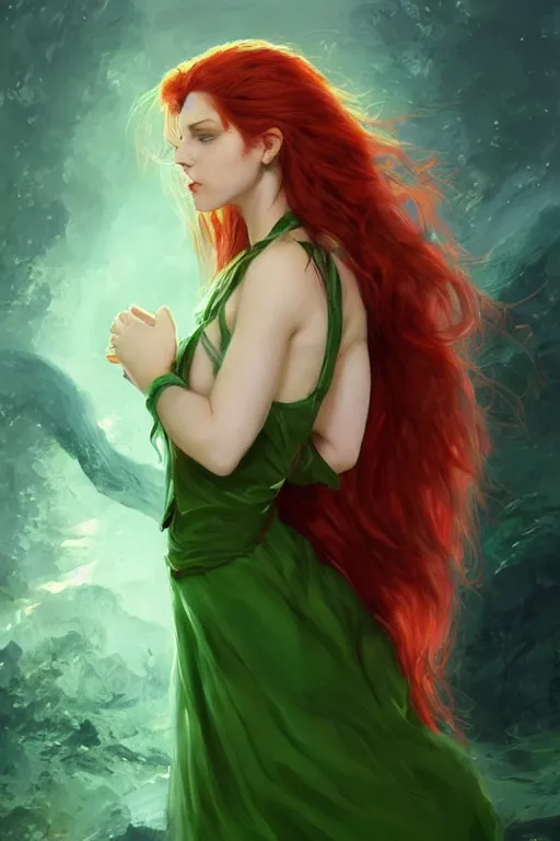 Image similar to beautiful cute red haired joyful and playful 1 9 year old maiden standing up in a green dress, long hair, sci - fi, fantasy, intricate, elegant, digital painting, artstation, concept art, smooth, 8 k frostbite 3 engine, ultra detailed, art by artgerm and greg rutkowski and magali villeneuve