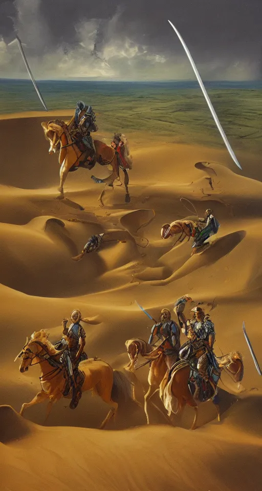 Image similar to oil painting of four sword wielding adventures traveling through a dune, 4 k, detailed, landscape