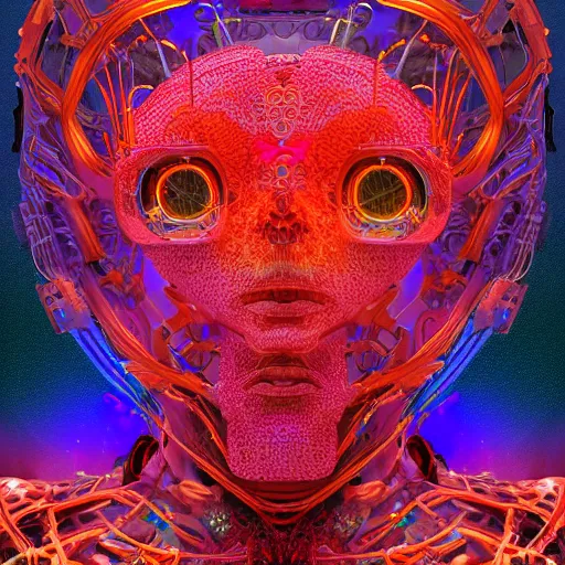 Image similar to Face of a Alien Deity, corals, circuitry, plume made of geometry, extremly detailed digital painting, sharp focus in the style of android jones, artwork of a futuristic artificial intelligence superstar with frames made of detailed circuits, mystical colors, rim light, beautiful lighting, 8k, stunning scene, raytracing, octane, under water visual distortion, dark tones colors, trending on artstation