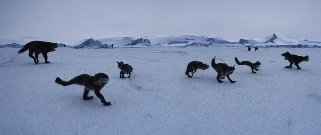 Image similar to filmic extreme wide shot movie still 4 k uhd interior 3 5 mm film color photograph of a bunch of creatures running around mcmurdo station in antartica at night