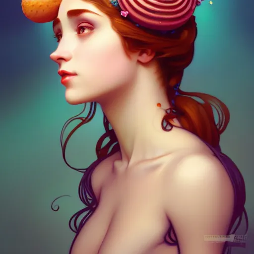 Prompt: portrait of a girl with a bundt cake on her head, digital art, cinematic, concept art, 8k, painting, imaginefx, cgsociety, art nouveau, Alphonse Mucha, trending on artstation, wide shot, full shot