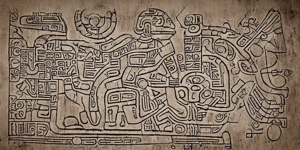 Image similar to mayan hieroglyph blueprints to a spaceship